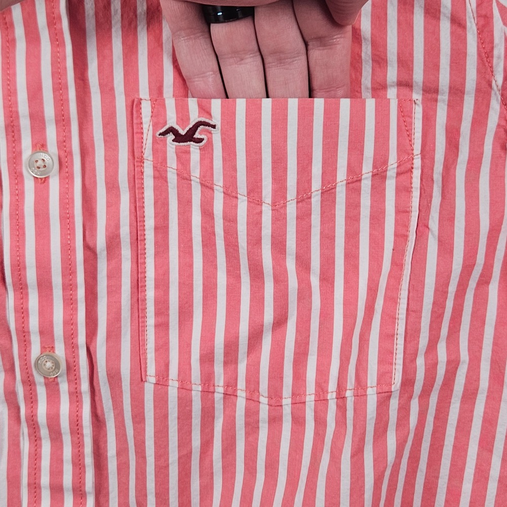 Hollister Button Up Shirt Mens XL Pink White Striped Pocket‎ Preppy Beach Y2K - Picture 4 of 8